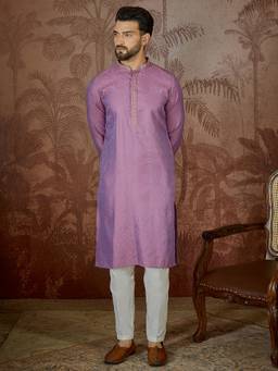 ETHNIC BAY - Mens Purple Jacquard Geometric Embroidered Kurta With Trouser