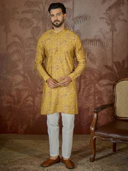 ETHNIC BAY - Mens Mustard Silk Blend Ethnic Motifs Printed Kurta With Trouser