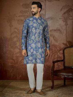 ETHNIC BAY - Mens Blue Silk Blend Floral Printed Kurta With Trouser