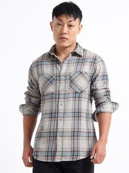 SILISOUL - Grey Pure Brushed Cotton Regular Fit Double Pocket Full Sleeve Checks Shirt