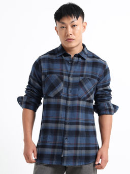 SILISOUL - Blue Pure Brushed Cotton Regular Fit Double Pocket Full Sleeve Checks Shirt