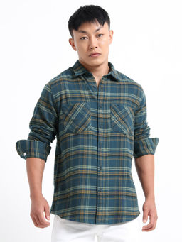 SILISOUL - Blue Pure Brushed Cotton Regular Fit Double Pocket Full Sleeve Checks Shirt