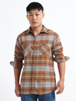 SILISOUL - Brown Pure Brushed Cotton Regular Fit Double Pocket Full Sleeve Checks Shirt