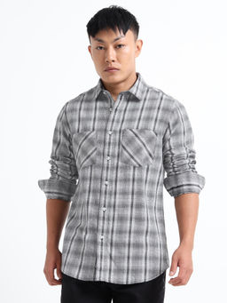 SILISOUL - Grey Pure Brushed Cotton Regular Fit Double Pocket Full Sleeve Checks Shirt