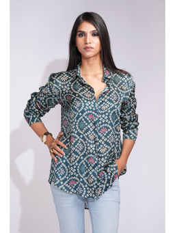 Shruti S - Green Bandhani Print Satin Shirt