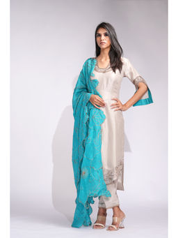 Shruti S - Taupe Embroidered Kurta with Pant and Dupatta (Set of 3)