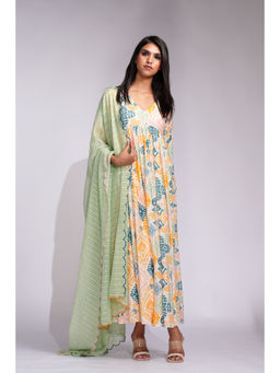 Shruti S - Ikat Print Organza Mulmul Anarkali with Salwar and Dupatta (Set of 3)