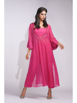 Shruti S - Hot Pink Organza Embroidered Kurta with Bustier and Pant (Set of 3)