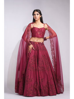 Shruti S - Maroon Embroidered Lehenga with Blouse and Dupatta (Set of 3)