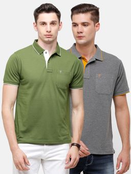 Classic Polo - Men Solid Green & Grey Cotton Blend Regular Fit Polo T-Shirts (Pack of 2)