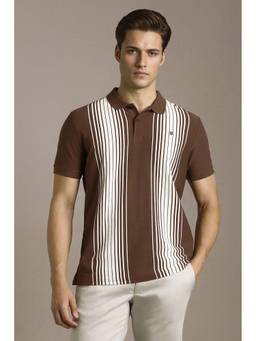 Louis Philippe - Men Brown Stripe Polo T-Shirt