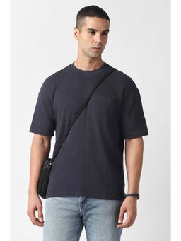 Van Heusen - Men Navy Blue Textured Crew Neck T-Shirt