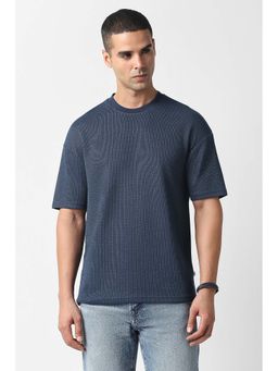 Van Heusen - Men Navy Blue Textured Crew Neck T-Shirt