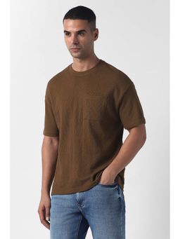 Van Heusen - Men Brown Textured Crew Neck T-Shirt