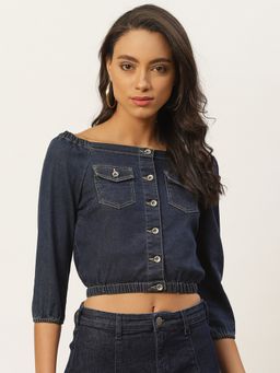 Xpose - Women Navy Blue Solid Denim Bardot Crop Pure Cotton Top