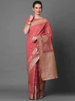 Akhilam - Rust Festive Silk Blend Woven Design Saree with Unstitched