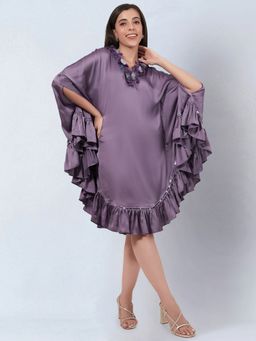 First Resort by Ramola Bachchan - Purple Ruffle Dress with Floral Lace Detail