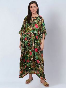 First Resort by Ramola Bachchan - Green and Black Jungle Print Full Length Kaftan (Set of 2)