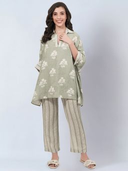 First Resort by Ramola Bachchan - Sage Green and Ecru Floral Combination Print Co-Ord (Set of 2)