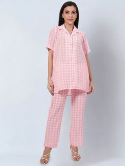 First Resort by Ramola Bachchan - Coral Pink Checked Co-Ord (Set of 2)
