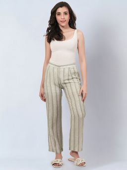 First Resort by Ramola Bachchan - Sage Green and Ecru Stripe Pants