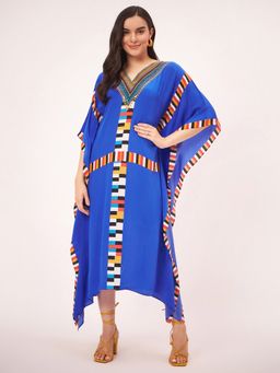 First Resort by Ramola Bachchan - Navy Blue Geometric Mid Length Kaftan