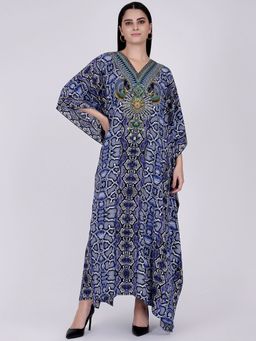 First Resort by Ramola Bachchan - Blue Animal Print Embellished Silk Full Length Kaftan