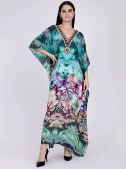 First Resort by Ramola Bachchan - Multicoloured Embellished Silk Full Length Kaftan