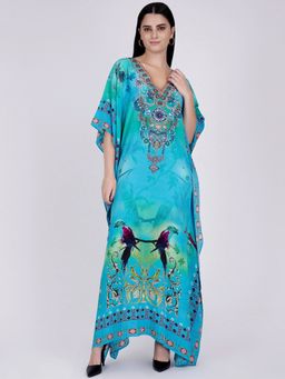 First Resort by Ramola Bachchan - Blue Embellished Silk Full Length Kaftan