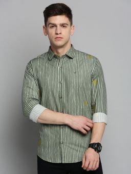 SHOWOFFFF - Mens Spread Collar Olive Striped Shirt