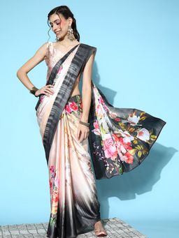 Akhilam - Womens Crepe Cream Digital Print Designer Saree with Unstitched Blouse