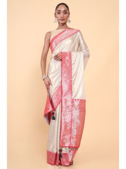 Soch - Women Off White Silk Embroidered Saree with Unstitched Blouse