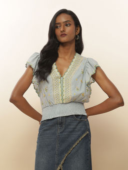 Label Ritu Kumar - Blue Embroidered Top