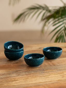 ExclusiveLane - Teal Forest Hand Glazed Ceramic Dinner Bowls Katoris 120 Ml (Set of 4)