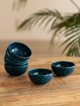 ExclusiveLane - Teal Forest Hand Glazed Ceramic Dinner Bowls Katoris (Set of 6 120 Ml)