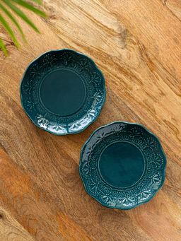 ExclusiveLane - Teal Forest Hand Glazed Ceramic Side Quarter Plates (Set of 2)