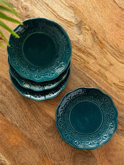 ExclusiveLane - Teal Forest Hand Glazed Ceramic Side Quarter Plates (Set of 4)