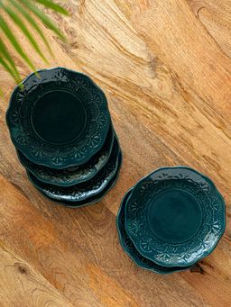 ExclusiveLane - Teal Forest Hand Glazed Ceramic Side Quarter Plates (Set of 6)