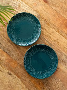ExclusiveLane - Teal Forest Hand Glazed Ceramic Dinner Plates (Set of 2 Hand-Etched)