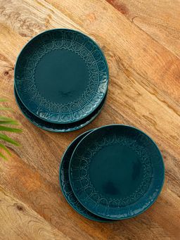 ExclusiveLane - Teal Forest Hand Glazed Ceramic Dinner Plates (Set of 4 Hand-Etched)