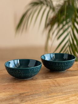 ExclusiveLane - Teal Forest Hand Glazed Ceramic Serving Bowls (Set of 2 600 Ml)