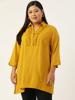 theRebelinme - Plus Size Womens Mustard Solid Colour Shirt Collar Tunic Top