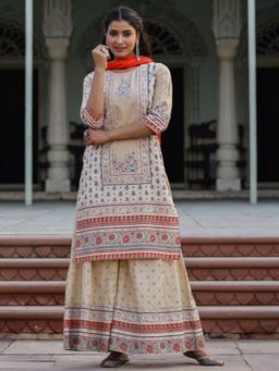 Juniper - Beige Ethnic Motif Printed Pure Cotton Kurta Sharara & Dupatta Set.
