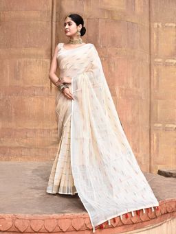 Elora - Pure Linen Ikkat Butti Weaving Cream Saree With Unstitched Blouse