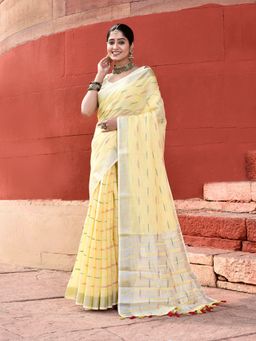 Elora - Pure Linen Ikkat Butti Weaving Yellow Saree With Unstitched Blouse