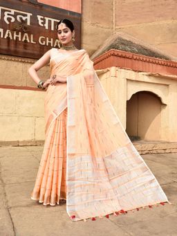 Elora - Pure Linen Ikkat Butti Weaving Orange Saree With Unstitched Blouse