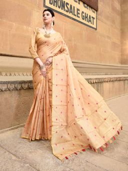 Elora - Linen Polka Dots Weaving Dusty Orange Saree With Unstitched Blouse