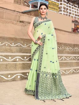 Elora - Handloom Cotton Butti Weaving Parrot Green Saree With Unstitched Blouse