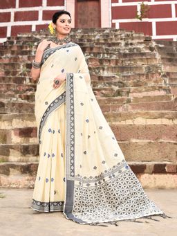 Elora - Handloom Cotton Butti Weaving Cream Saree With Unstitched Blouse