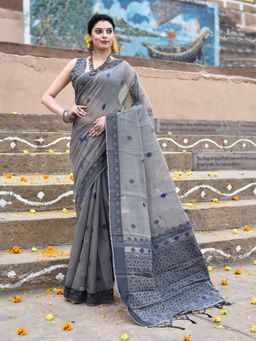 Elora - Handloom Cotton Butti Weaving Grey Saree With Unstitched Blouse
